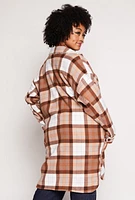 Womens Plus Size Plaid Sherpa Lined Long Shacket, Brown, Size 1X