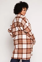Womens Plus Size Plaid Sherpa Lined Long Shacket, Brown, Size 2X
