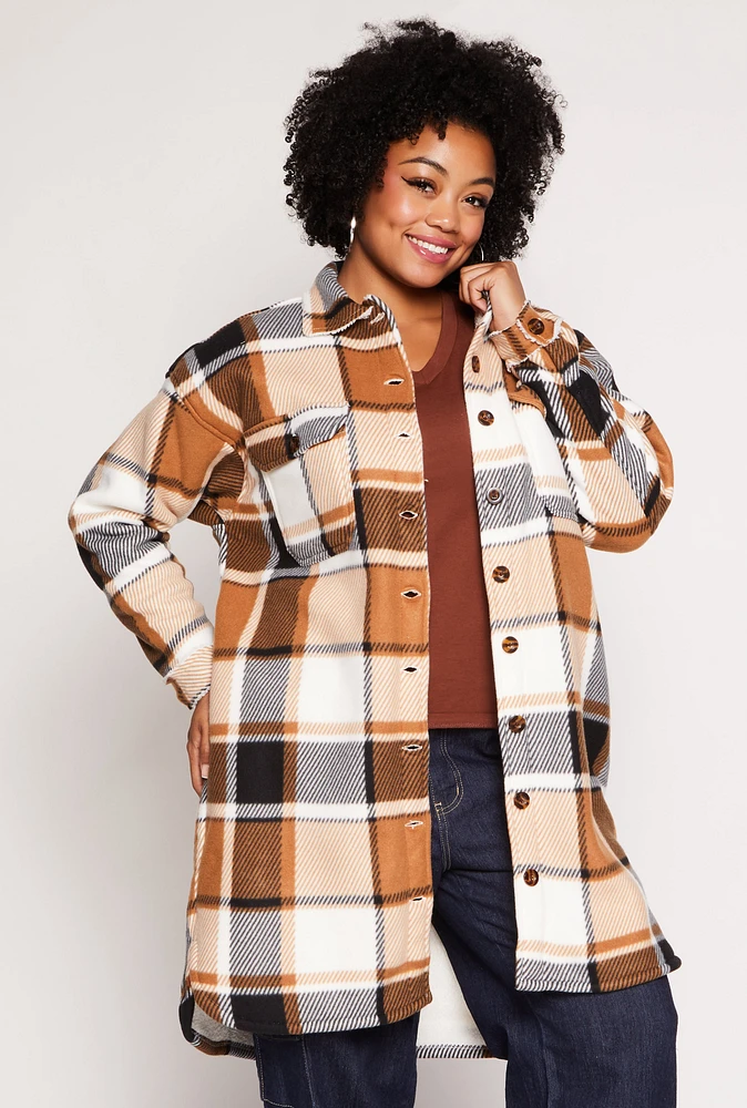 Womens Plus Size Sherpa Lined Plaid Long Shacket, Brown, Size 2X