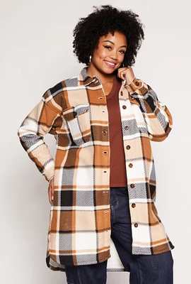 Womens Plus Size Sherpa Lined Plaid Long Shacket, Brown, Size 3X