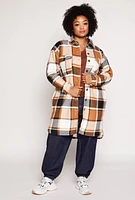 Womens Plus Size Sherpa Lined Plaid Long Shacket, Brown, Size 2X