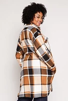 Womens Plus Size Sherpa Lined Plaid Long Shacket, Brown, Size 2X