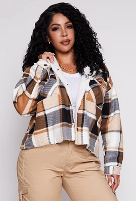Womens Plus Size Plaid Sherpa Lined Raw Hem Shacket, Multi, Size 2X