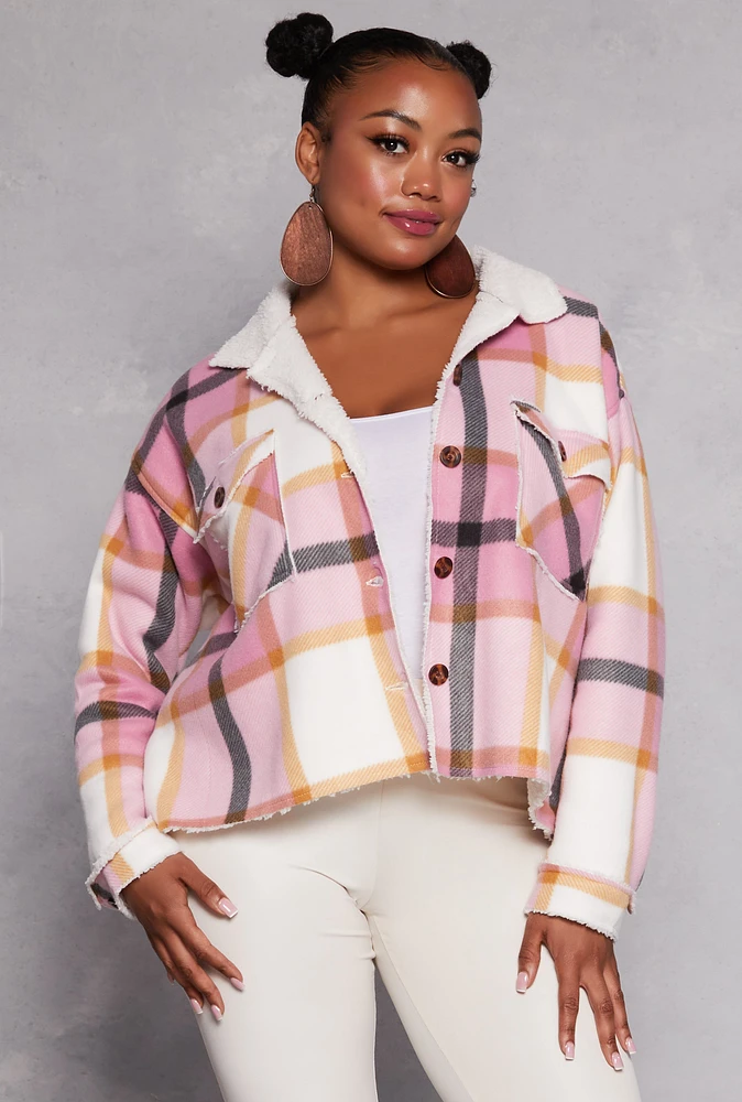 Womens Plus Size Plaid Sherpa Lined Raw Hem Shacket, Pink, Size 2X