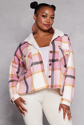 Womens Plus Size Plaid Sherpa Lined Raw Hem Shacket, Pink, Size 2X