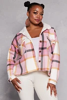 Womens Plus Size Plaid Sherpa Lined Raw Hem Shacket, Pink, Size 2X