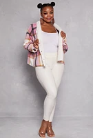 Womens Plus Size Plaid Sherpa Lined Raw Hem Shacket, Pink, Size 2X
