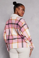 Womens Plus Size Plaid Sherpa Lined Raw Hem Shacket, Pink, Size 2X
