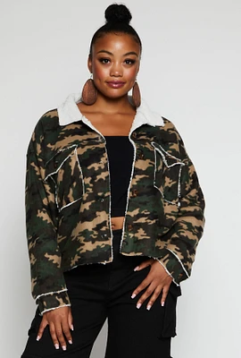 Womens Plus Size Sherpa Lined Camo Shacket, Green, Size 2X
