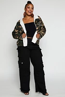 Womens Plus Size Sherpa Lined Camo Shacket, Green, Size 2X