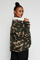 Womens Plus Size Sherpa Lined Camo Shacket, Green, Size 2X