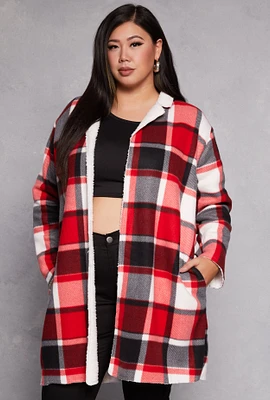 Womens Plus Size Plaid Sherpa Lined Open Front Long Shacket, Red, Size 1X