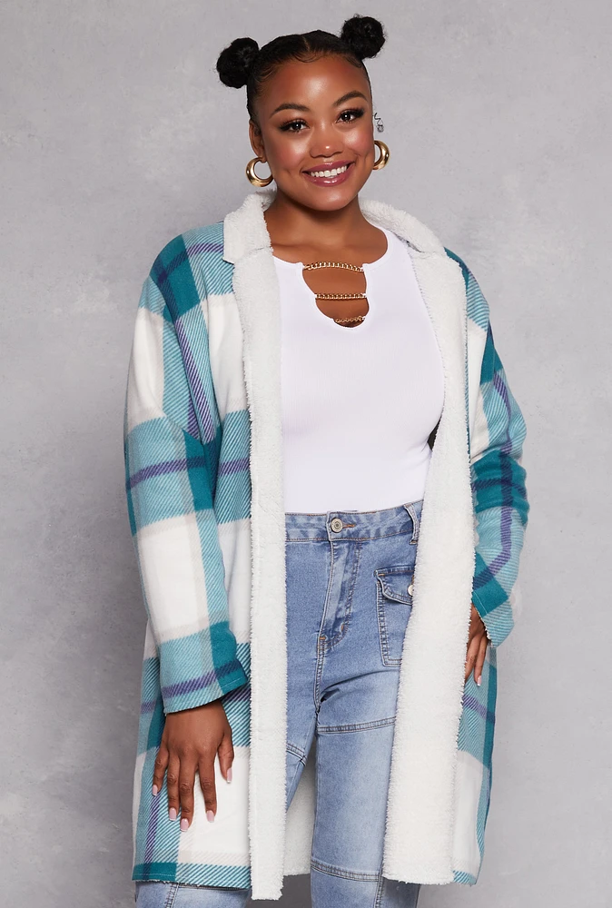 Womens Plus Size Plaid Sherpa Lined Open Front Long Shacket, Blue, Size 2X