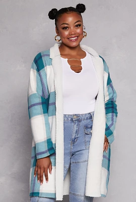 Womens Plus Size Plaid Sherpa Lined Open Front Long Shacket, Blue, Size 2X