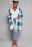 Womens Plus Size Plaid Sherpa Lined Open Front Long Shacket, Blue, Size 2X