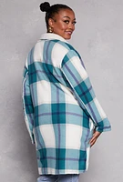 Womens Plus Size Plaid Sherpa Lined Open Front Long Shacket, Blue, Size 1X