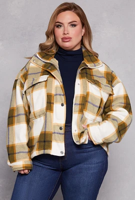 Womens Plus Size Plaid Snap Button Zip Front Shacket, Multi, Size 1X