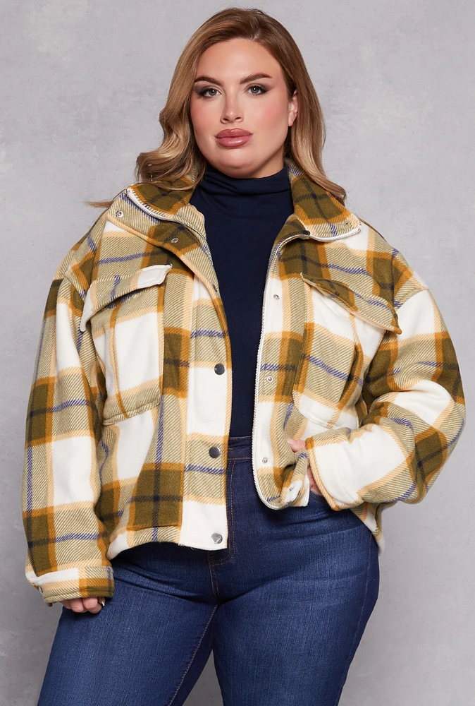 Womens Plus Size Plaid Snap Button Zip Front Shacket, Multi, Size 1X
