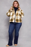 Womens Plus Size Plaid Snap Button Zip Front Shacket, Multi, Size 1X