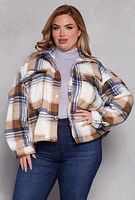 Womens Plus Size Plaid Snap Button Zip Front Shacket, Multi, Size 1X