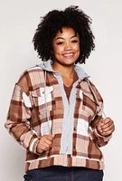 Womens Plus Size Plaid Hooded Zip Front Jacket, Brown, Size 3X