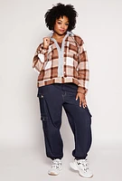 Womens Plus Size Plaid Hooded Zip Front Jacket, Brown, Size 3X