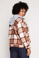 Womens Plus Size Plaid Hooded Zip Front Jacket, Brown, Size 3X