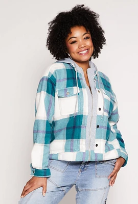 Womens Plus Size Plaid Hooded Zip Front Jacket, Green, Size 2X