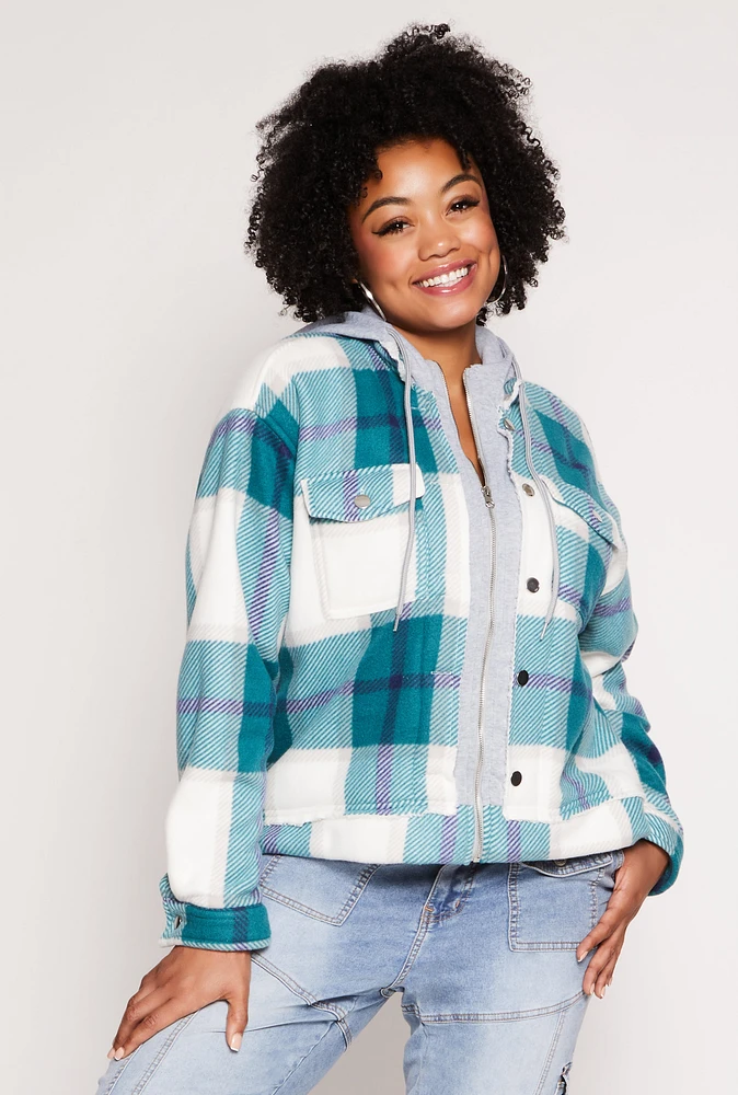 Womens Plus Size Plaid Hooded Zip Front Jacket, Green, Size 3X