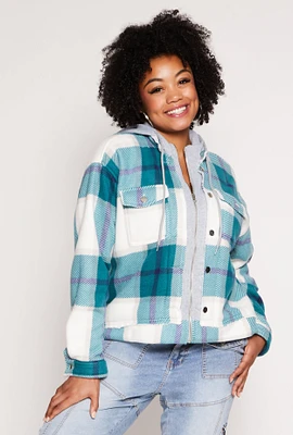 Womens Plus Size Plaid Hooded Zip Front Jacket, Green, Size 3X