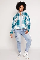 Womens Plus Size Plaid Hooded Zip Front Jacket, Green, Size 2X