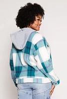 Womens Plus Size Plaid Hooded Zip Front Jacket, Green, Size 2X