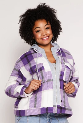 Womens Plus Size Plaid Hooded Zip Front Jacket, Purple, Size 2X