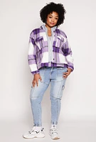 Womens Plus Plaid Hooded Zip Front Jacket, Purple,