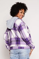 Womens Plus Plaid Hooded Zip Front Jacket, Purple,