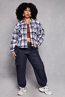 Womens Plus Size Flannel Plaid Button Front Shacket, Blue, Size 1X