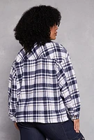 Womens Plus Size Flannel Plaid Button Front Shacket, Blue, Size 1X