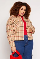 Womens Plus Size Flannel Plaid Button Front Shacket, Beige, Size 2X