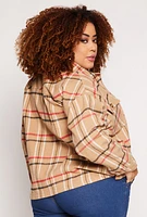 Womens Plus Size Flannel Plaid Button Front Shacket, Beige, Size 2X