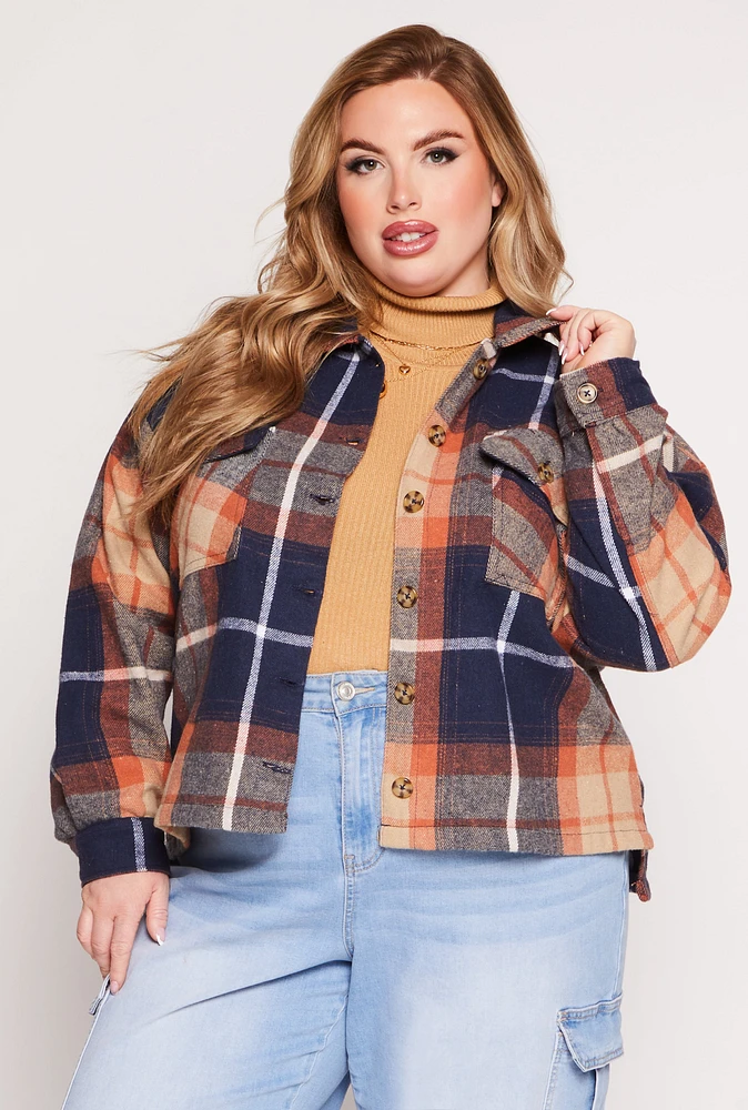 Womens Plus Size Flannel Plaid Button Front Shacket, Multi, Size 1X