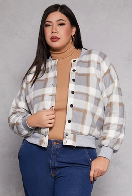 Womens Plus Size Plaid Bomber Jacket, Grey, Size 2X