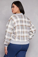 Womens Plus Size Plaid Bomber Jacket, Grey, Size 2X