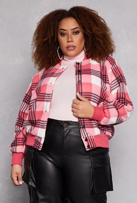 Womens Plus Size Plaid Bomber Jacket, Pink, Size 1X