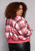 Womens Plus Size Plaid Bomber Jacket, Pink, Size 2X