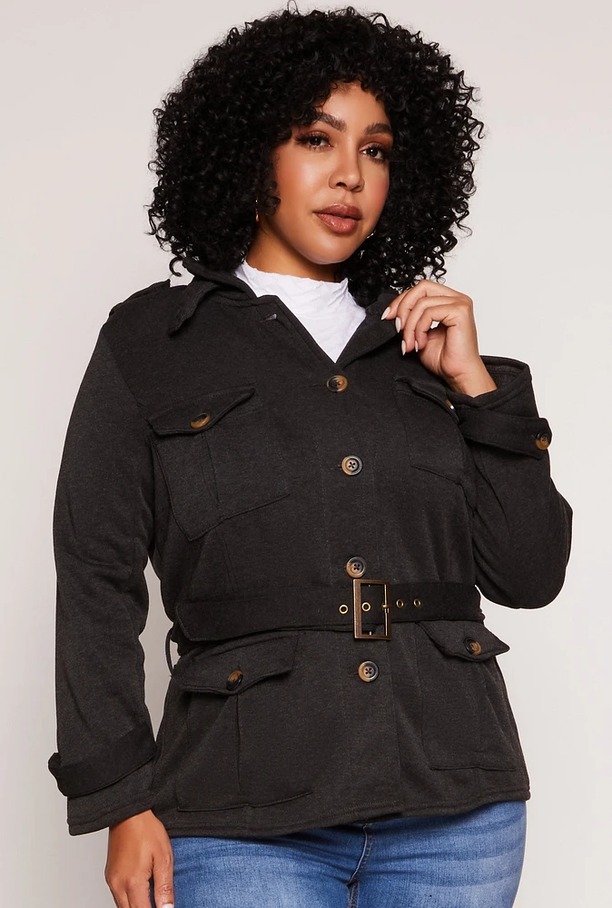 Womens Plus Size Fleece Belted Military Jacket, Grey, Size 4X