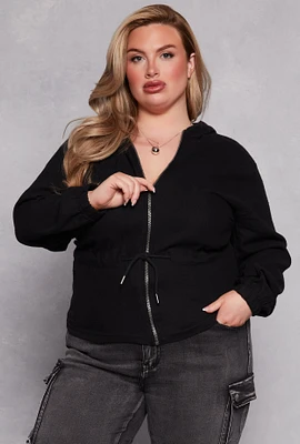 Womens Plus Size Cinched Waist Zip Hooded Top, Black, Size 1X