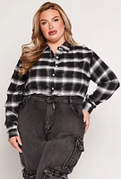 Womens Plus Size Plaid Tie Hem Crop Top, Black, Size 3X