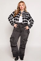 Womens Plus Size Plaid Tie Hem Crop Top, Black, Size 3X