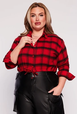Womens Plus Size Plaid Tie Hem Crop Top, Red, Size 1X