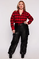 Womens Plus Size Plaid Tie Hem Crop Top, Red, Size 2X